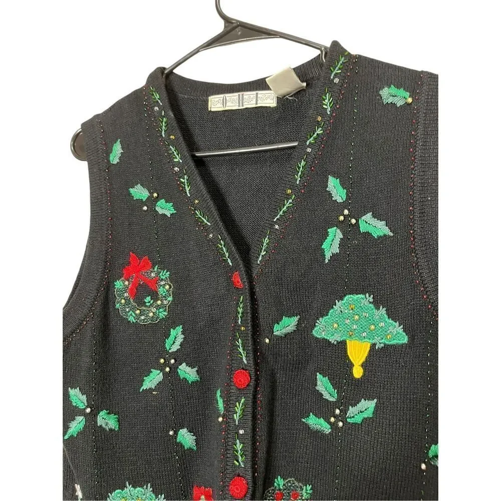 Vintage OHI Christmas Sweater Vest‎ beaded Embroidery Size Small